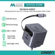 UGREEN 45W 65W 100W NEXODE PRO GAN 3 IN 1 CHARGER WITH RETRACTABLE USB-C CABLE PD FAST CHARGING USB-