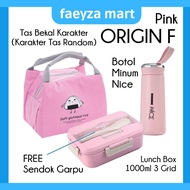 ORIGIN F || Set Kotak Makan 1000ml 3 Grid + Sendok & Garpu + Botol Minum + Tas Bekal || Lunch Box Se