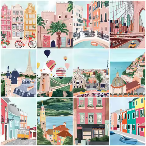 HUACAN 5D Diamond Mosaic Landscapes City Diamond Painting Street Cross Stitch Diamond Mosaic Buildin