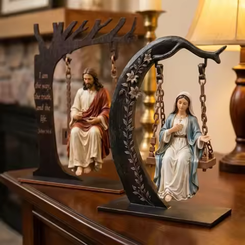 Vintage Wooden Jesus Swing Ornament Catholic Verse Engraved Bible Reading Figurine Cradle Swing Insp