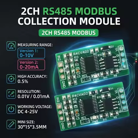 R4CVA02 2CH RS485 Modbus RTU Analog Input Module 0-10V 0-20mA 4-20mA ADC Data Acquisition Collector 