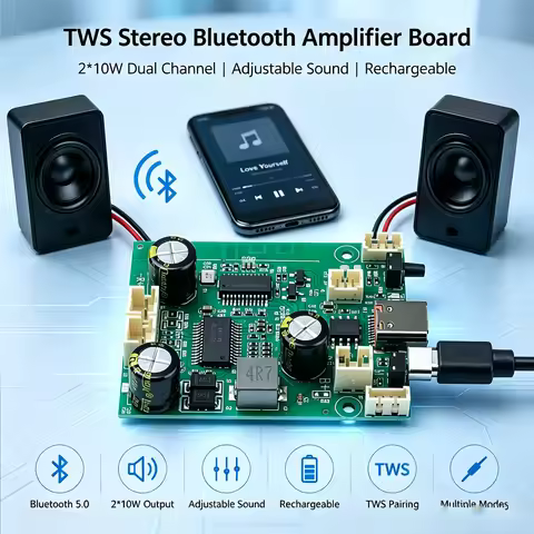 DC 3.7-5V TWS Stereo Bluetooth Power Amplifier Board Dual Channel High Sound Quality 2x10W Output So