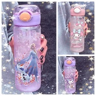 Elsa Kuromi Melody Kids Straw Water Cup, Leakproof Shatterproof Cartoon Plastic Water Bottle 600ml
