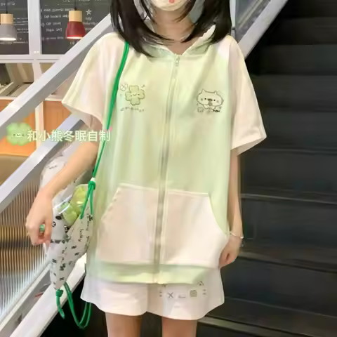 Original Japanese Cute Cat's Ears Short Sleeved Zipper Hoodie + Casual Shorts Summer Casual Loose 2 