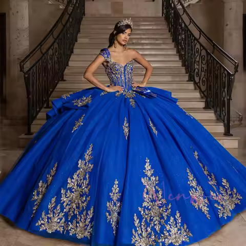 Sophie Store Customized Gorgeous oyal Blue Quinceanera Dress Off Shoulder Ball Gown Gold Applique Be