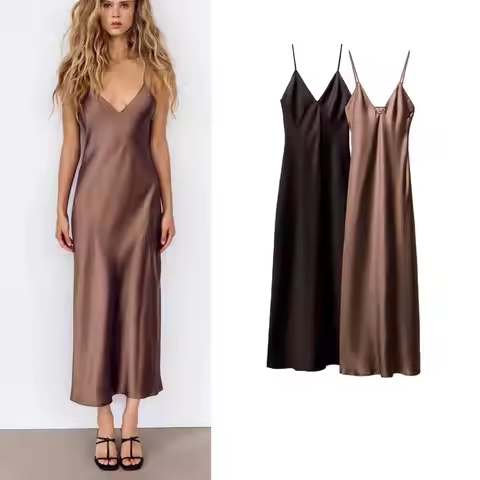 Silk Satin Long Midi Dr V-Ne Strapl Gown Spring New Women's Faion Street Sle Color l Waist Summer We