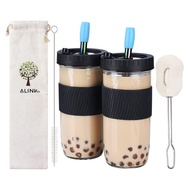 2-Pack Reusable Boba Cup Bubble Tea Cups 24Oz Wide Mouth Smoothie Cups With Lid Silicone Sleeve & An
