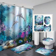 Fashion_Man 4PCS Sea World Dolphin Shower Curtain Set Bathroom Shower Curtain Non-Slip Bath Mat Toil