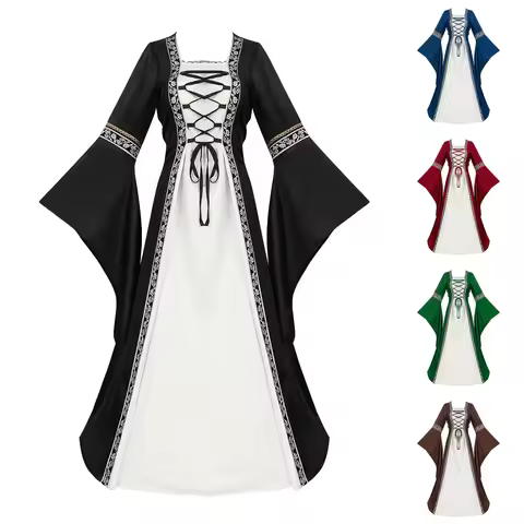 Victorian Classical Dresses For Women New Red Black Green Medieval Fairy Elf Costume Retro Lace Up I