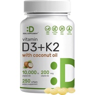 DEAL SUPPLEMENT Vitamin D3 10000 IU + K2 MK7 200 mcg Infused with Virgin Coconut Oil 250 Softgels(No