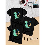1pc Cute Dinosaur Print 2nd/3rd/4th Birthday Party T-Shirt for Youngsters 2-4 Years - Black with Col