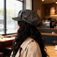 BULINGNA-Women Retro Leather Beret Fall Winter Decorative Painter Cap Vintage Fiddler Cap for Work  