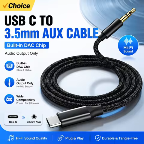 USB C to 3.5mm AUX Audio Cable with Built-in DAC, Type-C to AUX Jack Adapter, Audio Output for USB-C