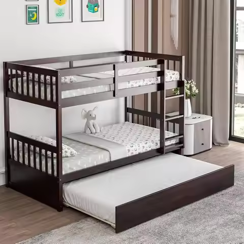 Twin Bunk Bed with Trundle, Convertible Platform Bed Frame with Ladder & Solid Wood Frame, Space-Sav