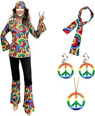 6 Pcs 70s Hippie Costumes Accessories for Women Disco Outfit, 60s Party Costume, 70's Earrings Necklace Flared Pants