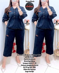0699 SETELAN JEANS 7/8 V NECK KANCING BORDIR MICKEY LD110 WANITA|SETELAN SANTAI|SETELAN DENIM|ONE SE