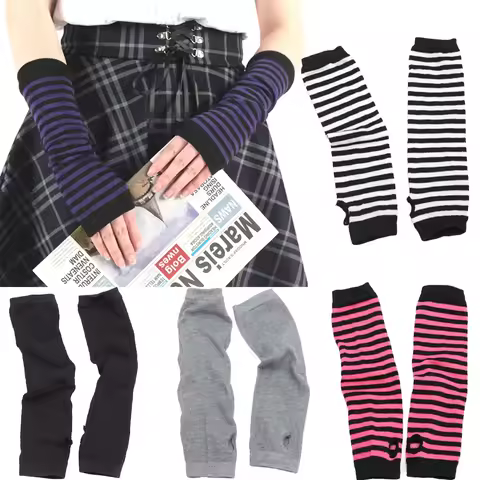 Women Winter Warm Long Sleeves Gloves Fingerless Stripe Hip-hop Knitted Elbow Mittens Elastic Outdoo