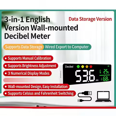 3-in-1 Wall Mounted Decibel Meter,Data Storage&Export Function,Over-limit Alarm,Rechargeable Noise T