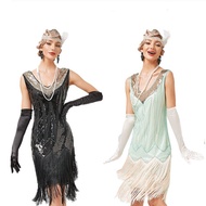 Retro 1920s Inspired V-Neck Fringed Skirt Dress with Sequins and Beads - E9PN