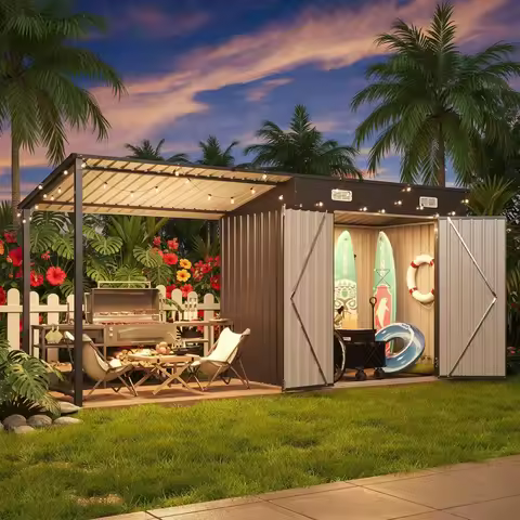 Outdoor Storage Shed & Gazebo Combo, 6x4FT Metal Lean-to Shed with Pergola, Garden Patio Backyard, 1