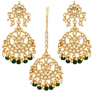 Aheli Indian Traditional Wedding Faux Kundan Beads and Pearls Chandbali Earrings Maang Tikka Earring