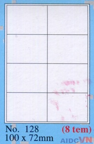 Giấy Decal A4 TOMY Mã-128 bế sẵn 8 tem ( kích thước : 100 x 72mm) 800 tem/hộp sử dụng cho máy in Phu