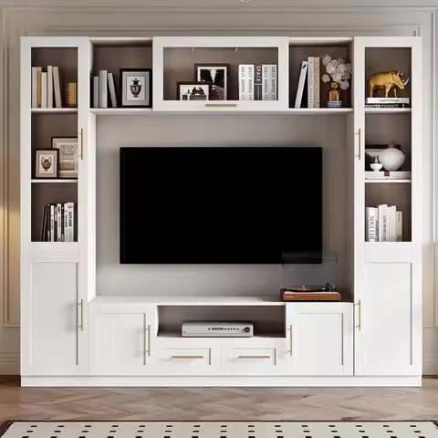 Entertainment Wall Unit: 4-Piece TV Stand with Bookshelves & Storage, Media Center for Living Room, 