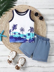 寶寶男童可愛夏季棕櫚樹圈背心和牛仔短褲2件套裝