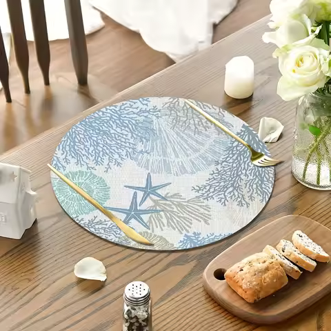 VIKAMA 4PC Ocean Style Placemats Blue Gray Coral Starfish Seashells Waterproof Family Potluck Kitche