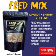 udang X maggot kering feed mix 15 grm Red BLUE YELLOW | makan ikan predator | pakan ikan channa maru