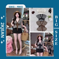 Bigsize Babydoll Shirt 55-90kg Plaid Bow Tie Style Chunky Sleeve 2kjeans AT9128