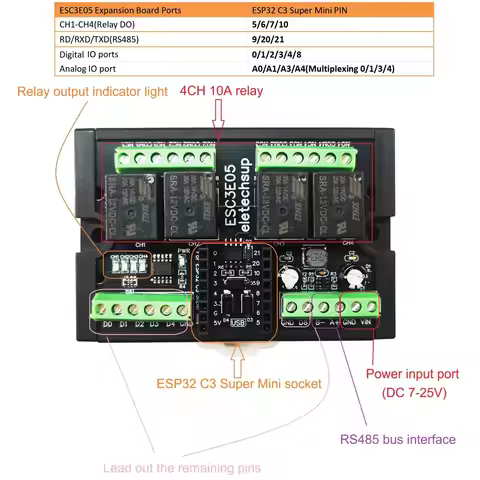 ESP32-C3 WiFi Bluetooth Relay Module 4AI 4DO RS485 for Arduino IoT Industrial PLC, DC 9-25V with DIN