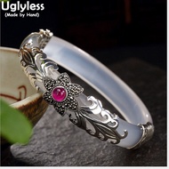 Uglyless Real 925 Sterling Silver Flower Agate Bangles For Women Ruby Bangles Thai Silver Fine Jewelry Jade Bracelets Chalcedony