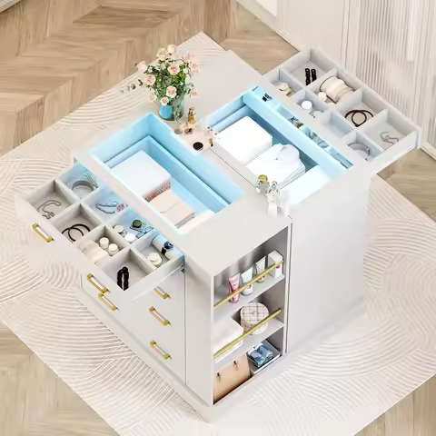 Closet Island with Open Shelves, Modern Glass Top Dresser with LED Lights, Tall Chest of Drawers wit