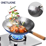 Onetwone Handmade Iron Pans Wok Chinese Traditional cast Iron Wok Cooking Pot Professional Chef Pan with Wooden Handle Non-coating Gas Cooker Cookware for Restaurant