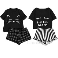 ▪∋▧Women's Sleepwear Cute Cat Cartoon Print Short Set Pajamas for Summer Pajama Set Sweet Short Slee