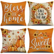 Linen Pillow Case 40x40/45x45/50x50/60x60cm Pumpkin Sunflowers "Bless Our Home" Pattern Pillow Cover