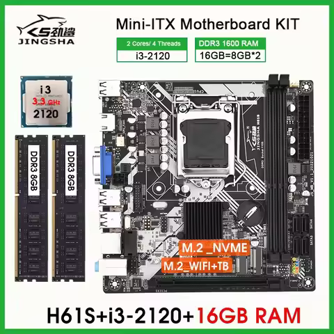 Desktop H61 Mini ITX motherboard LGA 1155 kit set combo with Core I3 2120 CPU and 16GB 1600MHz DDR3 