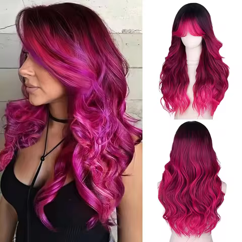 28Inch Ombre Rose pink Long Wavy Wig Middle Part Wavy Synthetic Wigs Natural Looking Heat Resistant 