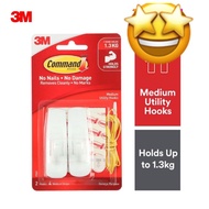 3M Command Medium Utility Hooks (Holds Up to 1.3kg) (2pcs/pck) Wall Adhesive