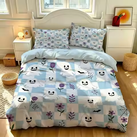 3pcs Halloween Ghost Purple Flower Checkered Bedding Set with Non-Core Soft Bedding Products