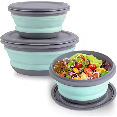 3 Pack Collapsible Bowls Food Grade Silicone Camping Bowls Salad Bowls with Lids Expandable Lunch Bo
