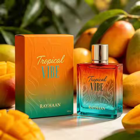 Rayhaan tropical perfume bursts with fresh and rich mango aroma. The orange blue gradient bottle has