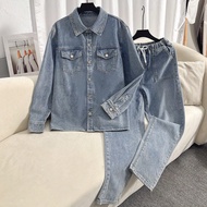 TEEN BOY Thời trang dạo phố thường ngày Áo'sơ mi denim túi phẳng & Dây rút eo thẳng Bộ quần jean