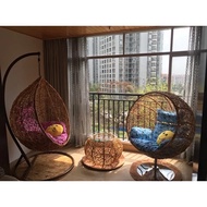 H-Y/ Real Rattan Hanging Chair Three-Piece Swing Rocking Blue Chair Indoor Rattan Cradle Rattan Chair Home Hammock Chair