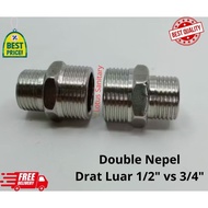 Double nipple stainless steel 1/2" VS 3/4" / nipple sock double outer thread 1/2 x 3/4 inch pipe con