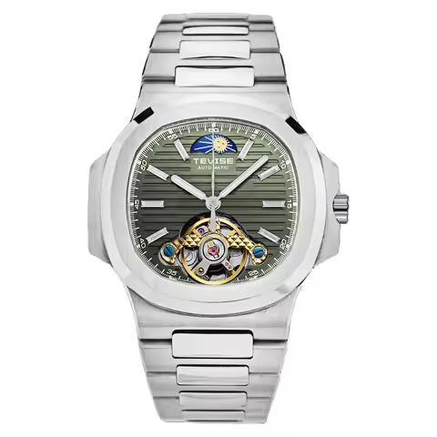 TEVISE Watch for Men Automatic Mechanical Moon Phase Skeleton Watch Stainless Steel Fashion Waterpro