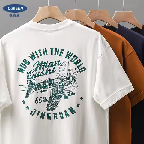 Dukeen 11.2oz Heavyweight Short-Sleeved T-Shirt for Men Summer Vintage Trend Printed 100% Cotton Shi