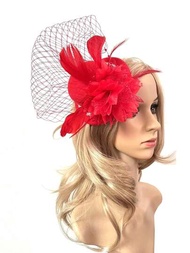 紅色時尚女士頭飾，配有羽毛花朵新娘頭巾復古髮夾帽子頭飾女士高帽，適用於雞尾酒派對