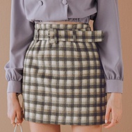 AIR SPACE LADY Warm Color Matching Checked Woolen A-Line Skirt (With Belt) (Gray)
